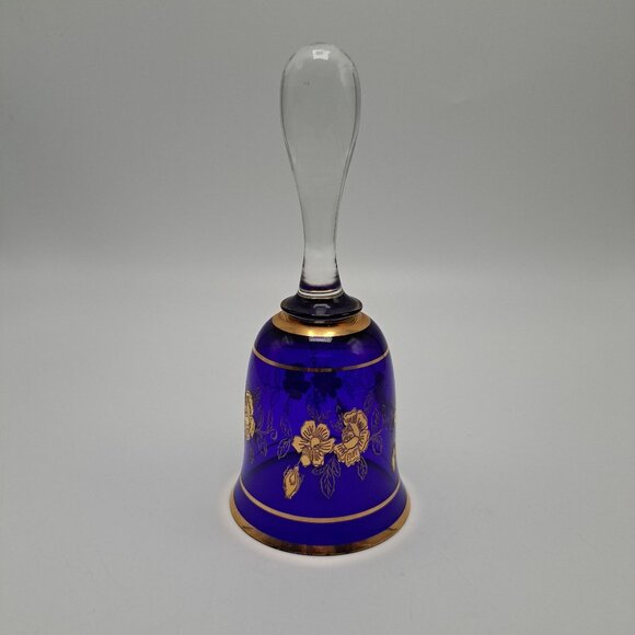 Bohemian Blue Glass Bell With Gold Floral Design - Picture 5 of 10